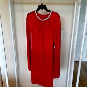 Red Babydoll Dress with Bishop Sleeves and Crew Neck